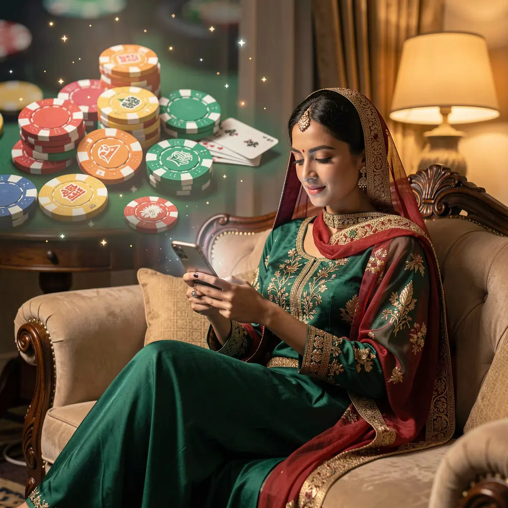 Elegant Pakistani woman relaxing on a sofa while using the CH777 casino app with glowing chips and cards creating a premium gaming atmosphere