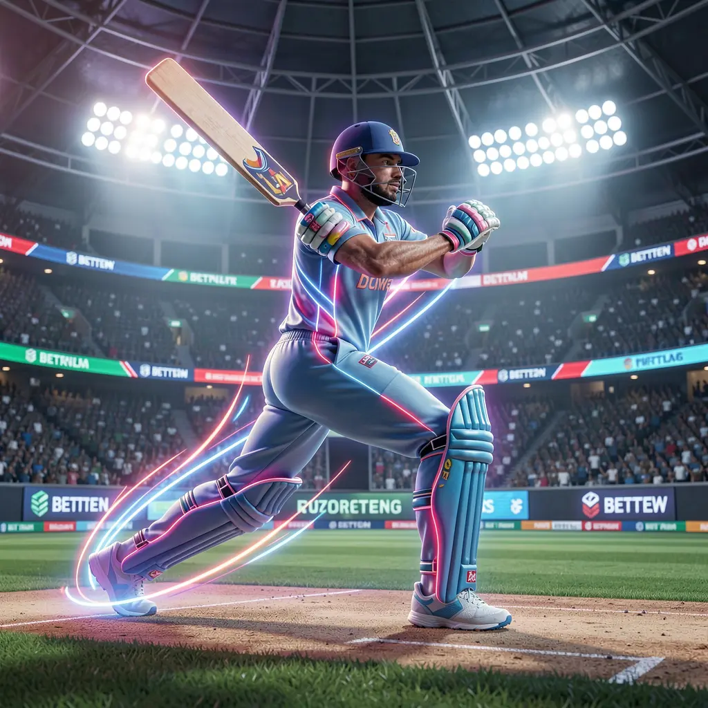 Futuristic cricket player with glowing trail running on the field representing fast paced sports betting with CH777 in Pakistan