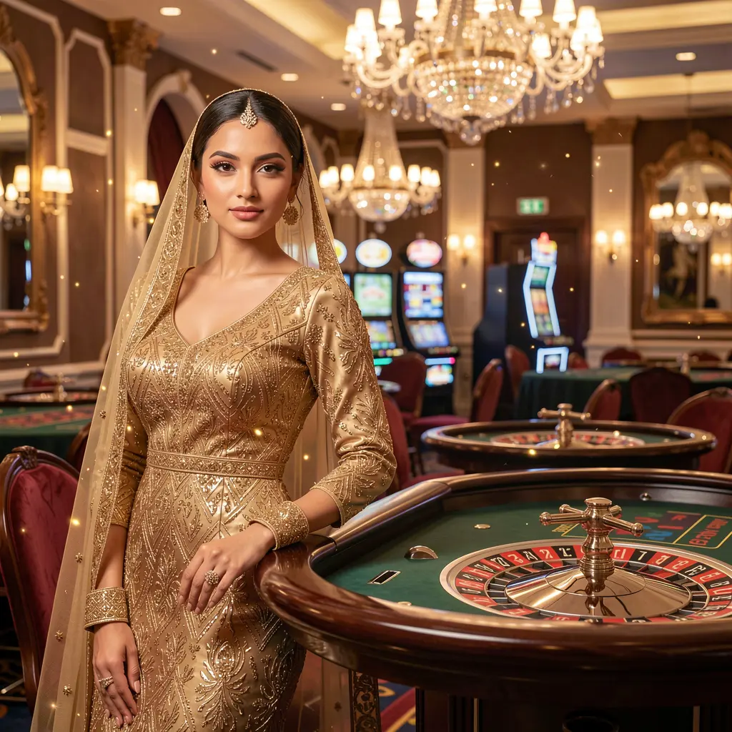 Elegant female casino model in a luxurious casino setting with a roulette table and warm lighting representing the premium gaming experience at CH777 for players in Pakistan