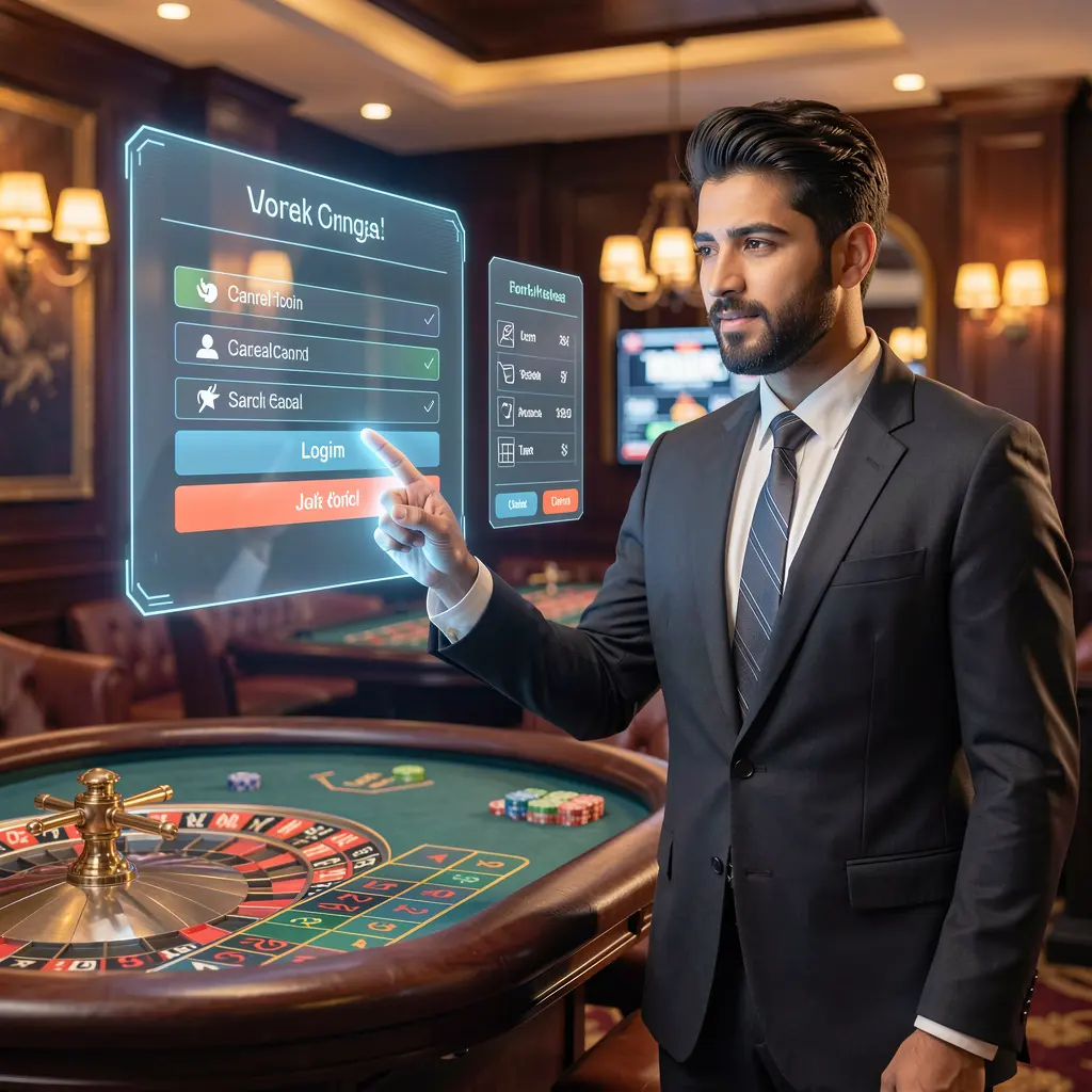 Professional casino dealer from Pakistan interacting with a holographic CH777 login panel above a glowing roulette table